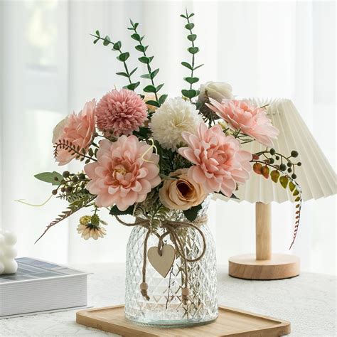 Amazon.com: Aubcee Fake Flowers with Vase,Faux Flowers in Vase for Home ...