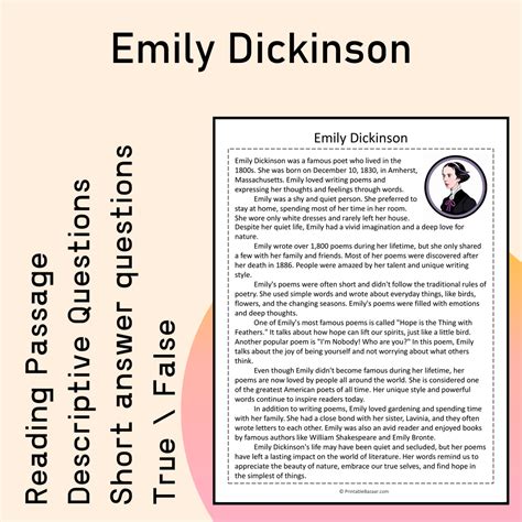 Emily Dickinson | Reading Comprehension Passage Printable Activity ...