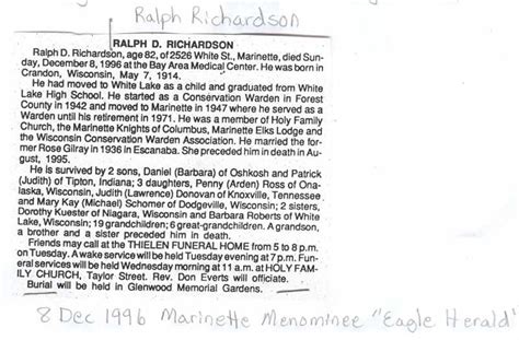 Ralph D. Richardson obituary, Marinette (WI) Menominee Eagle Harold ...