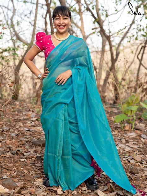 Cotton Zari Green Blue Saree With Tassels|Hopeful Sitara|Suta