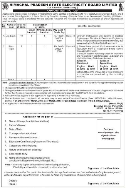 HPSEB Recruitment 2017 www.hpseb.com 12 Junior Engineer, Steno Typist ...