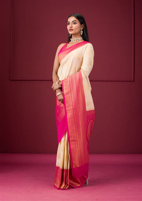 Buy Cream Zariwork Soft Silk Saree - Koskii