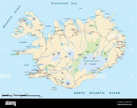 roads and national parks map of the european island nation of iceland ...