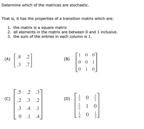 Solved Determine which of the matrices are stochastic. That | Chegg.com