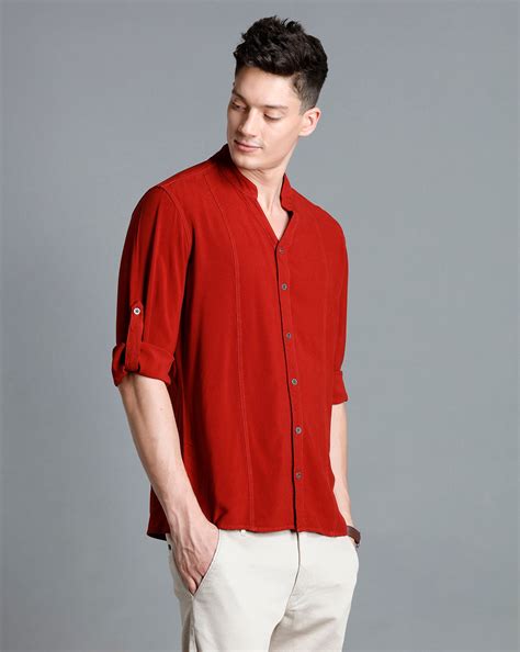 IDENTITI Men Slim Fit Mandarin Collar Solid Shirt In Rust