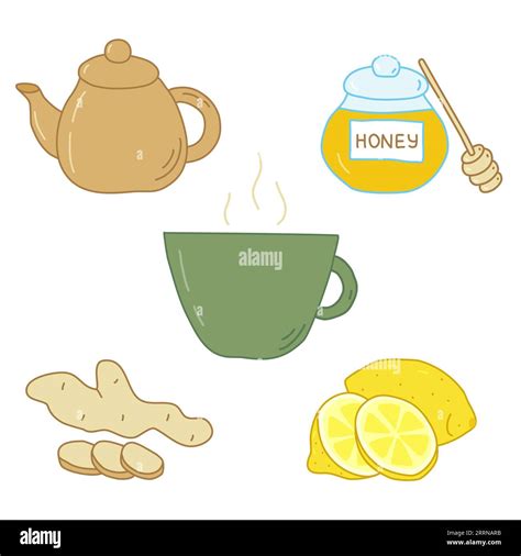 Cup with lemon, ginger and honey, healthy tea and ingredients, natural cough and flu remedies ...