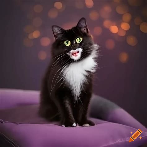 Portrait of a distinguished long-haired black tuxedo cat with a curly ...