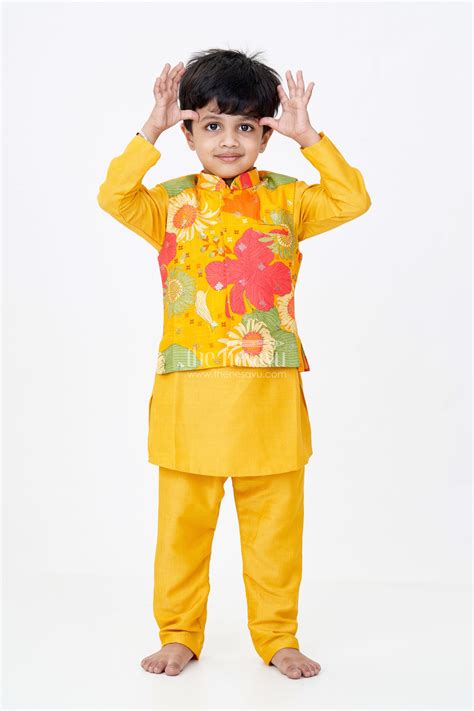 Boys Mustard Color Kurta Set Floral Embroidered Jacket Viscose Blend ...