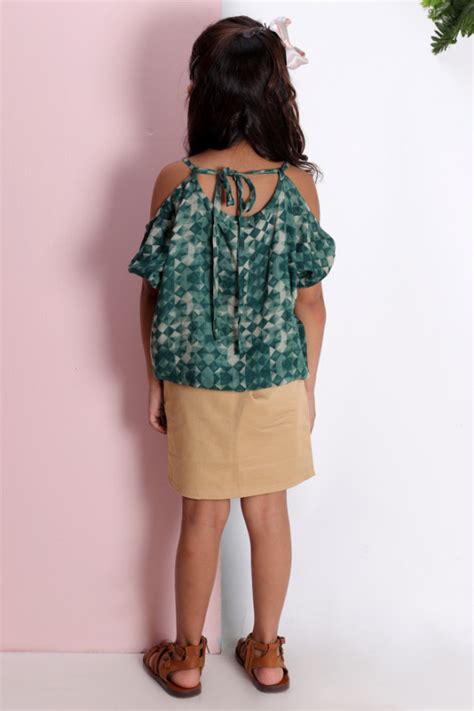 Kids Clothing - Cold Shoulder Crop Top with Colour Block Skirt | Olesia