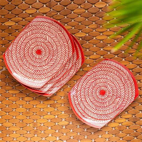 ExclusiveLane 'Red Chevrons' Hand-Painted Ceramic Dinner Plates (Set of ...