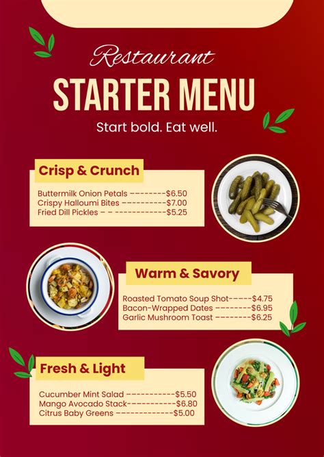 Free Restaurant Starter Menu Template to Edit Online