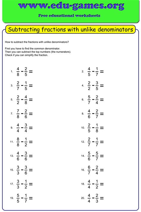 Image result for Adding and Subtracting Unlike Fractions Worksheet