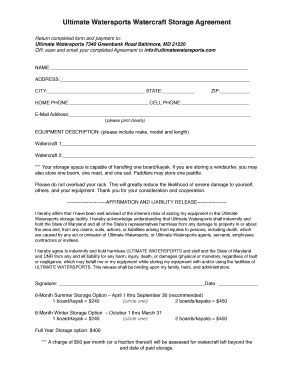 Fillable Online Watercraft Storage Form - ultimatewatersportscom Fax ...