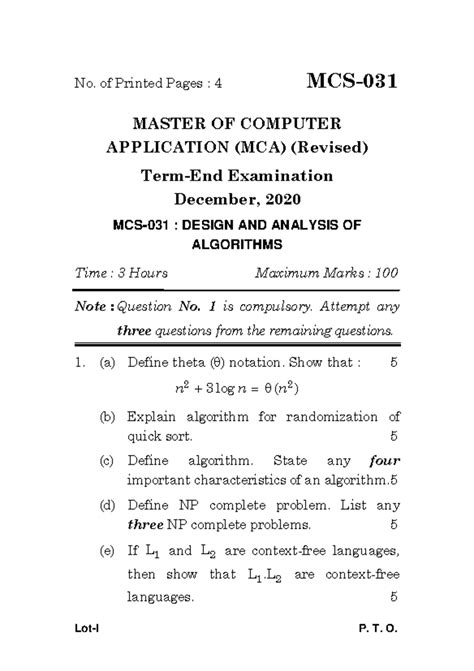 MCS-031 - Lot-I P. T. O. No. of Printed Pages : 4 MCS- MASTER OF ...