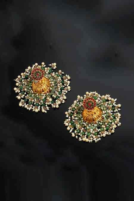 Buy Gold Plated Pearls, Stones Bead Drop Layered Jhumkis by Dugran By ...