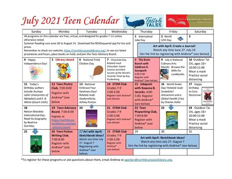July 2021 Teen Calendar — North Brunswick Public Library
