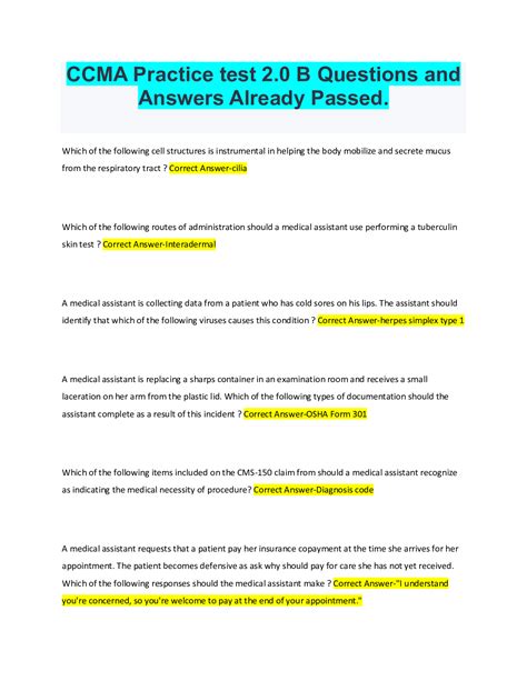 CCMA Practice test 2.0 B Questions and Answers Already Passed. Graded ...