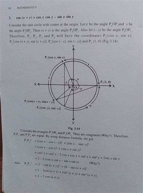 64 MATHEMATICS 3. cos(x+y)=cosxcosy−sinxsiny Consider the unit circle wit..