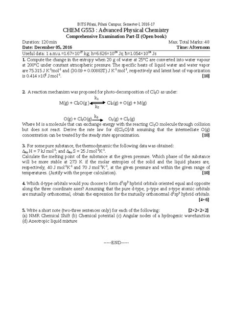 CHEM G553 937 C 2016 2 - Question - BITS Pilani, Pilani Campus ...