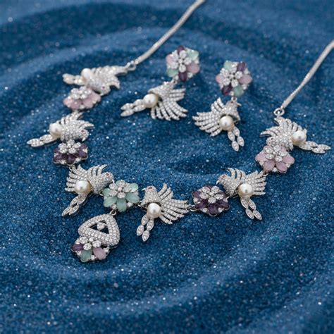 Luxury Moissanite & AD Floral Bird Necklace Set – Vrumaira