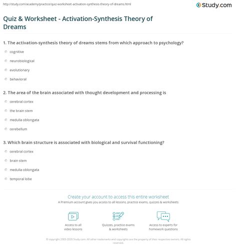 Quiz & Worksheet - Activation-Synthesis Theory of Dreams | Study.com