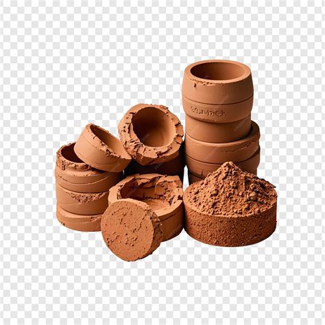 A collection of sand sculptures made by clay are on a white background ...