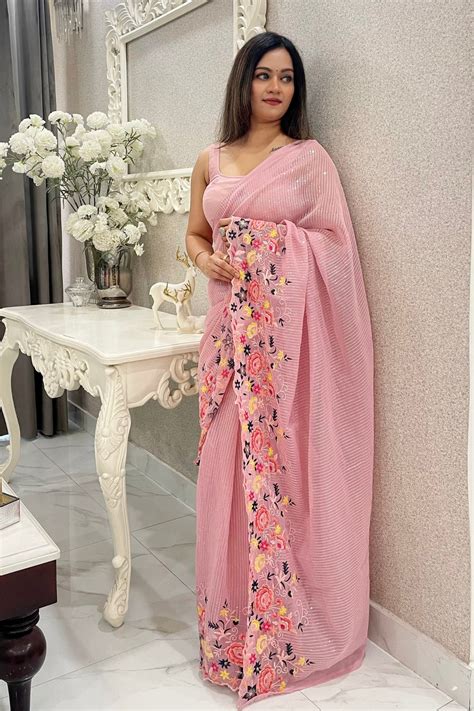 Buy Sweet Pink Embroidered Partywear Saree Online - MySilkLove