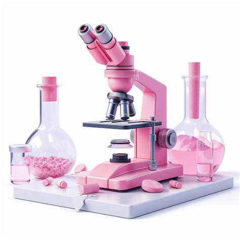 Artistic portrayal of a pink microscope and lab equipment on a clean ...