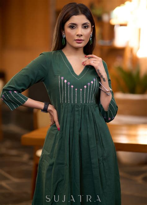 Classy forest green cotton pleated kurta with embroidered yoke - Pant ...