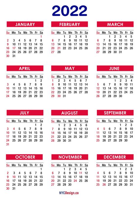 2022 Calendar with Holidays, Printable Free, PDF, Colorful – Sunday ...