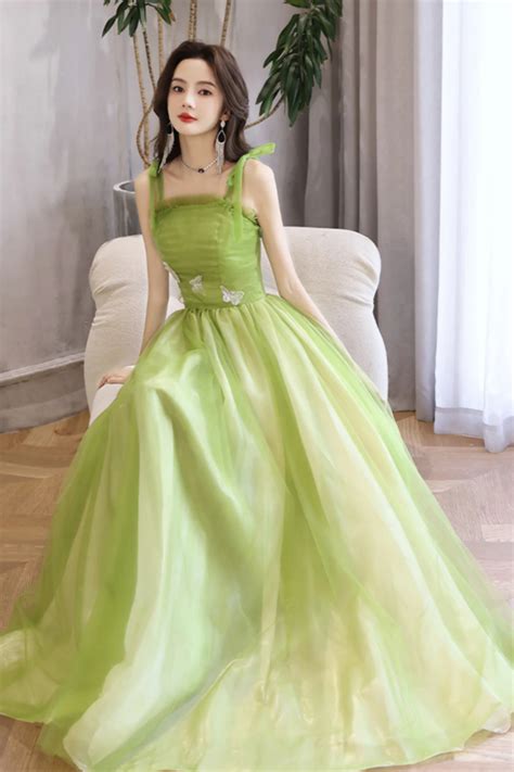 Light Green A Line Straps Tulle Long Party Dress, Light Green Tulle ...