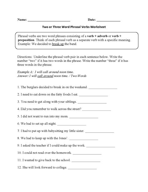 Phrasal Verbs Worksheets | Two or Three Word Phrasal Verbs Worksheet