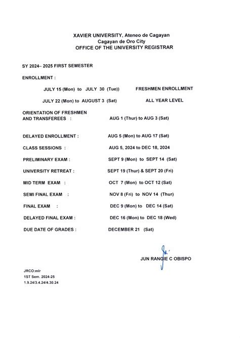 Xavier University - Higher Education School Calendar