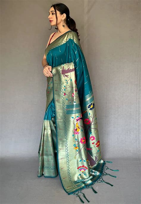 Peacock Blue Paithani Big Border Zari Woven Saree - Colorful