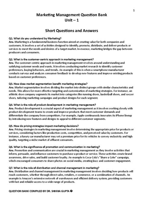 Marketing Management Question Bank Unit - 1 - Marke&ng Management Ques ...