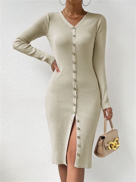 Button Through Ribbed Knit Sweater Dress | Womens knit dresses, Long ...