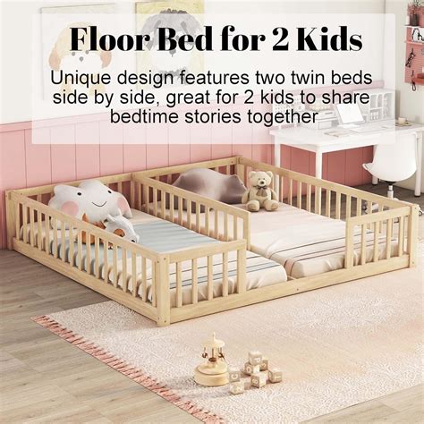 Bellemave Twin Floor Bed for 2 Kids, Wood Double Floor Bed with Fence ...