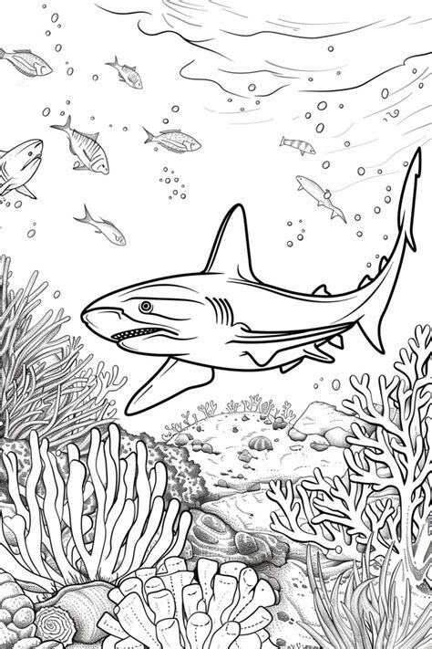 Shark swimming by coral reef coloring page ocean life and sea plants ...