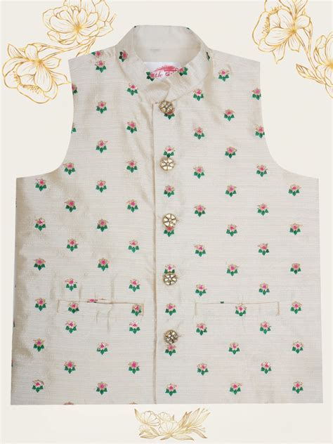 Boys Cream Floral Boota Embrodiered Nehru Jacket | Festive Wear Set of ...