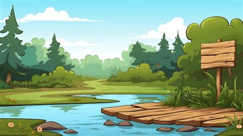 Uma ilustração de desenho animado de um rio com árvores e uma ponte ...