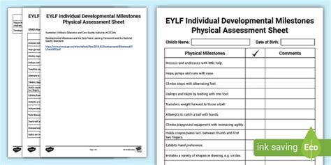 EYLF Individual Developmental Milestones Physical Assessment Sheet