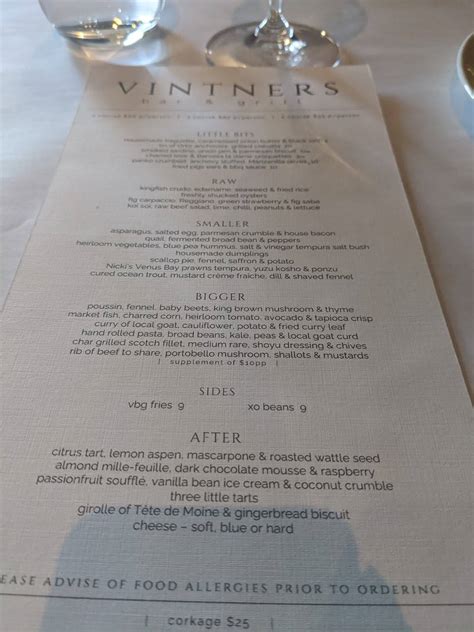 Menu at Vintners Bar & Grill, Angaston, 752 Stockwell Rd