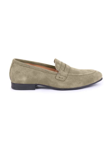 Shop Men Olive Suede Leather Outdoor Penny Loafer Shoes Online