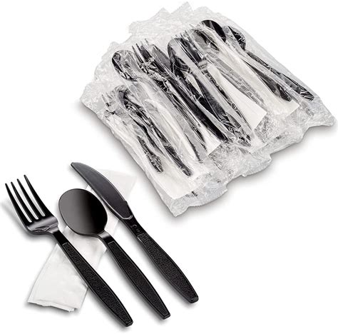MT Products Individually Wrapped Black Plastic Cutlery Set with Napkin ...