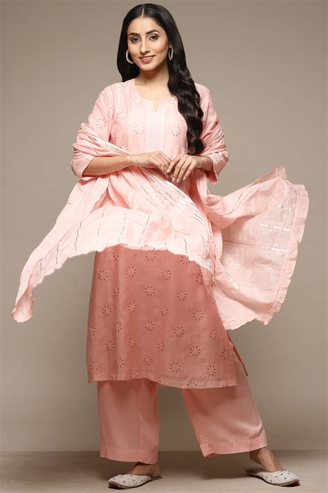 Powder Pink Cotton Blend Straight Kurta Palazzo Suit Set