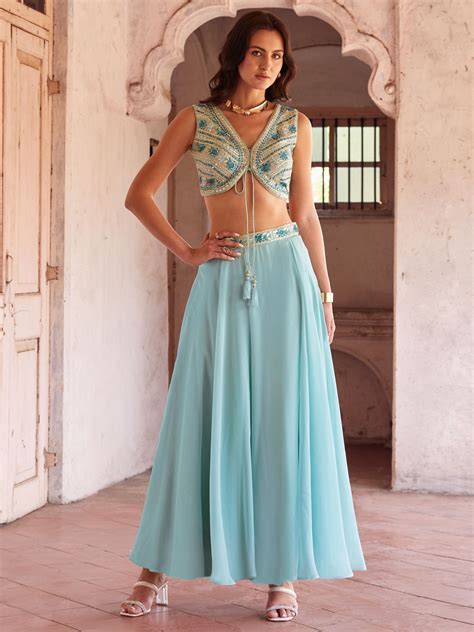 Buy Sky-Blue Mirror Work Georgette Designer Lehenga Choli From Ethnic Plus