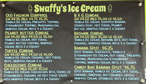 Swaffy's Ice Cream menu in Monroe, Ohio, USA