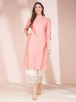 Buy Fabindia Peach Viscose Silk Calf Length Long Kurta Online