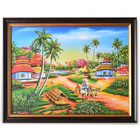 INSPIRING BRUSH Village Scene Painting Vastu with Frame, Nature Wall ...