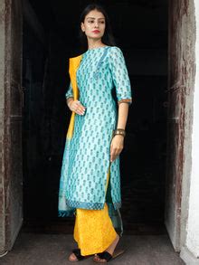 Sky Blue Yellow Chanderi Block Printed Suit Set - Set of 3 - SS01F029 ...